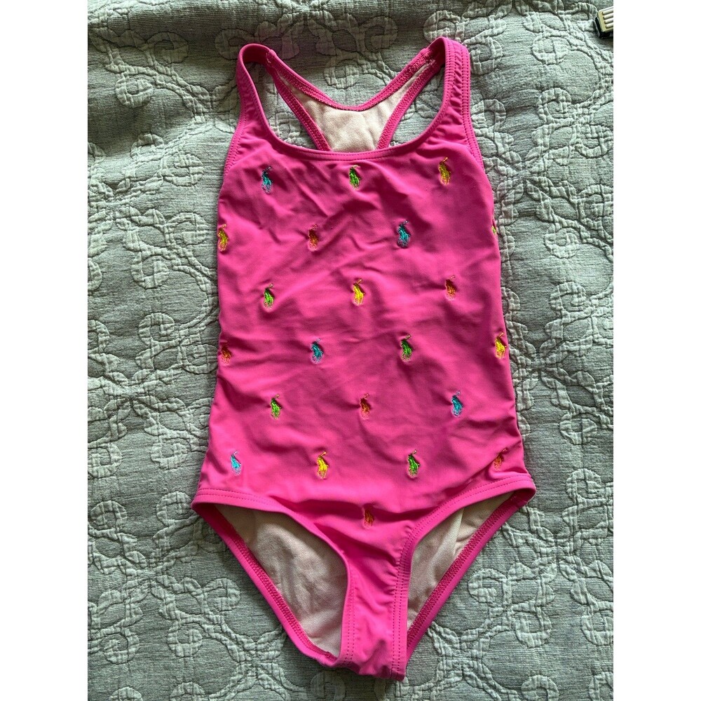 Girls Ralph Lauren Racerback One Piece Swimsuit 7 Hot Pink Allover Pony Logo